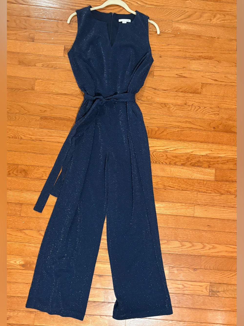 London Times Navy Sparkle Jumpsuit with Waist Tie